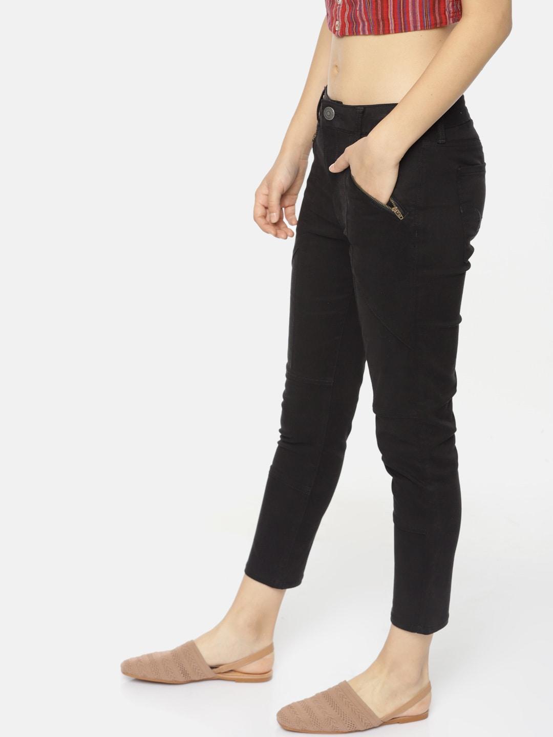 american eagle outfitters women black regular fit solid regular trousers