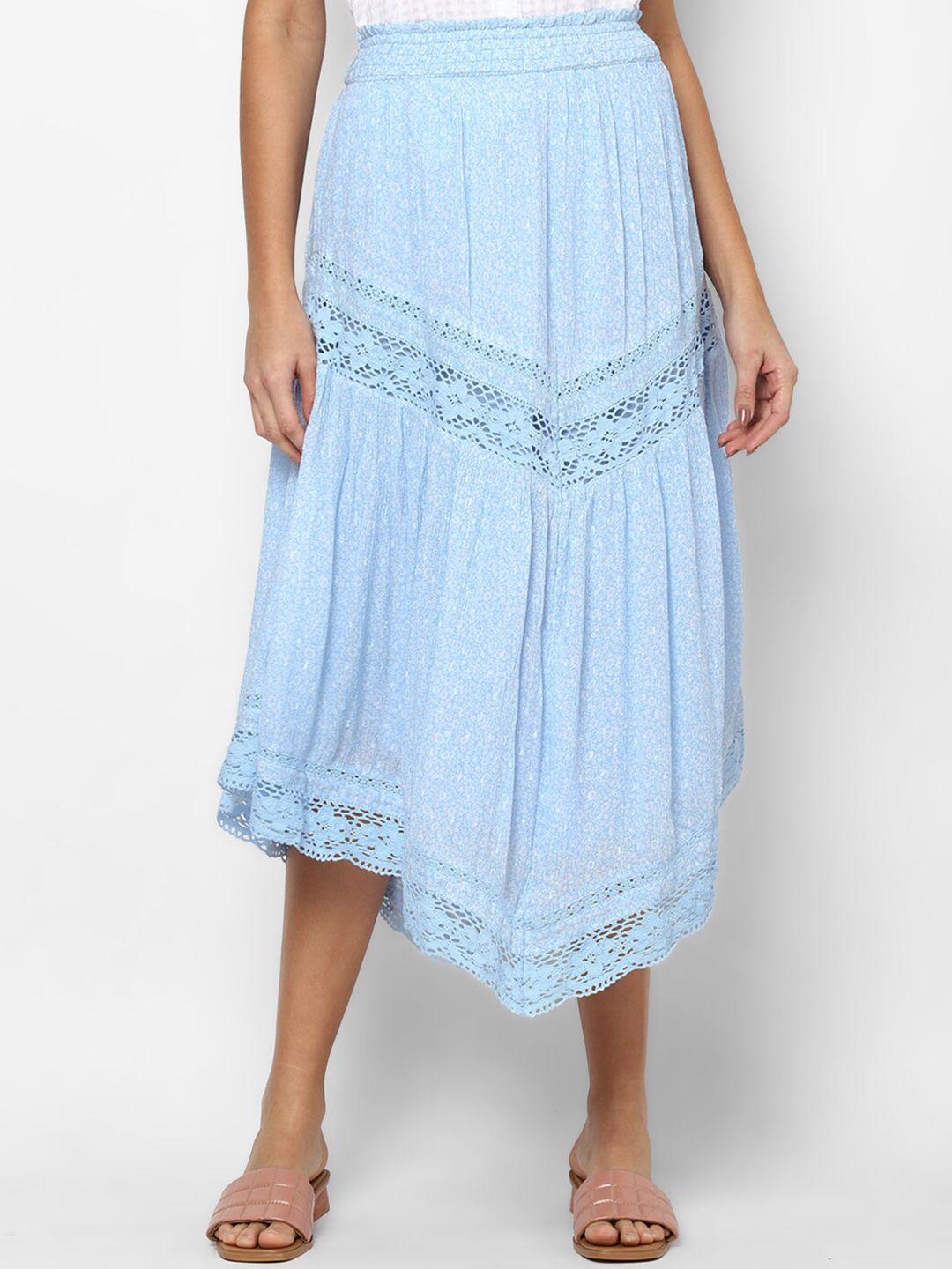 american eagle outfitters women blue & printed a-line midi skirt