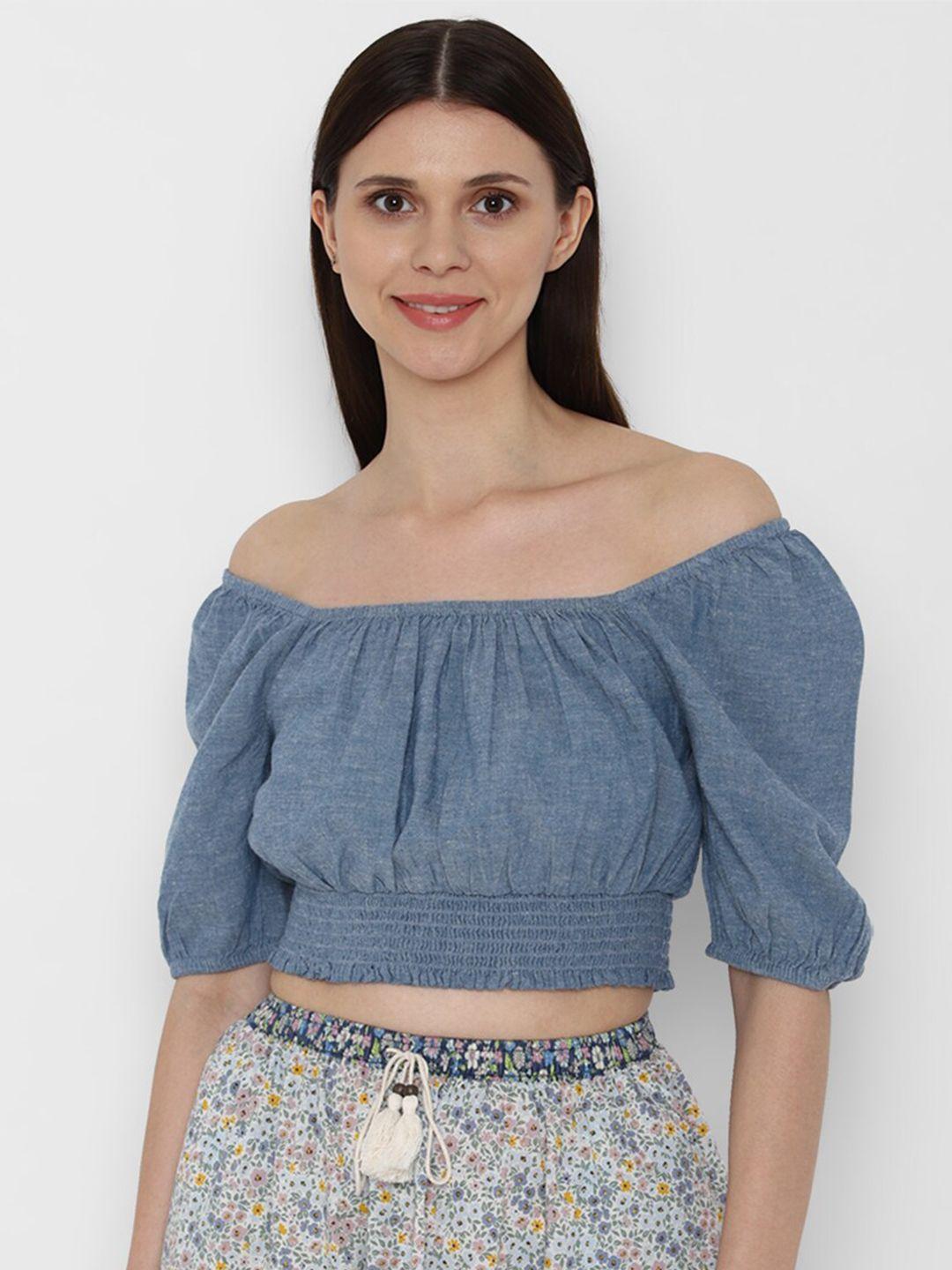 american eagle outfitters women blue off-shoulder bardot crop top