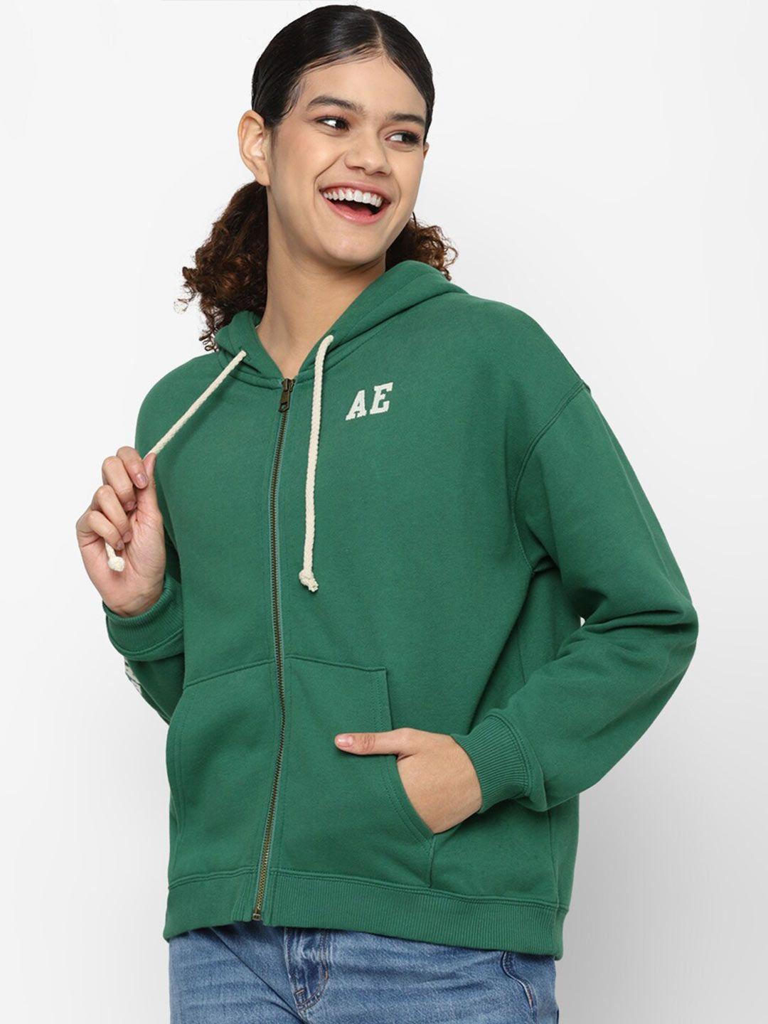 american eagle outfitters women green solid hooded sweatshirt