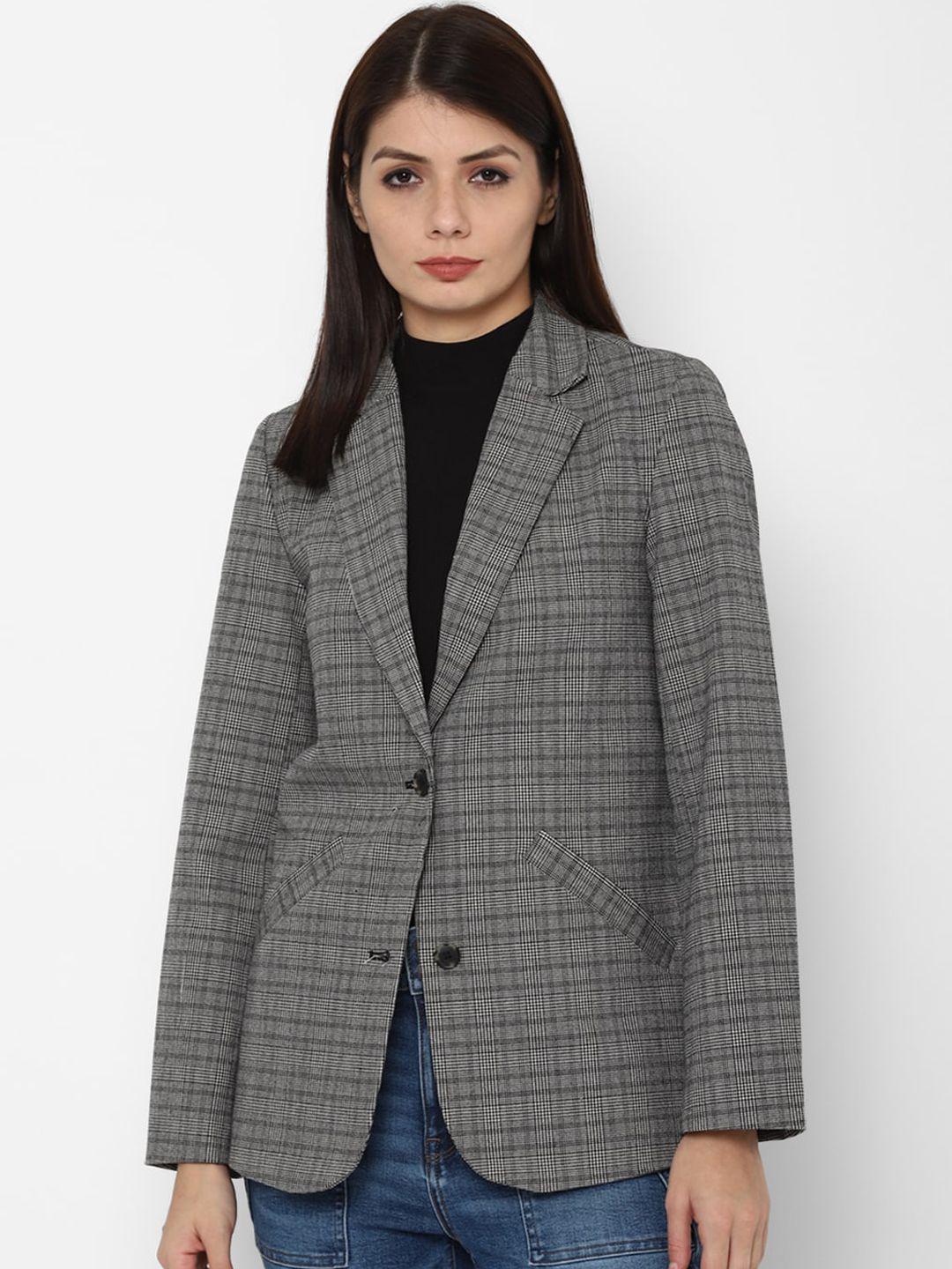 american eagle outfitters women grey & black checked tailored jacket