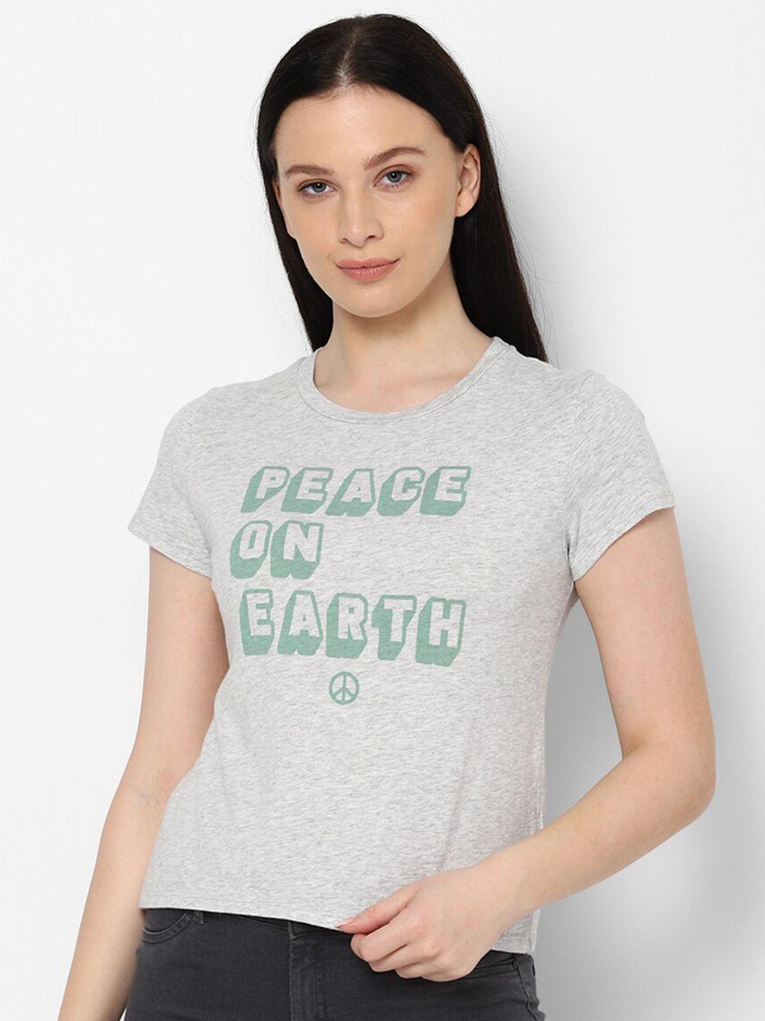 american eagle outfitters women grey  green typography printed cotton pure cotton t-shirt