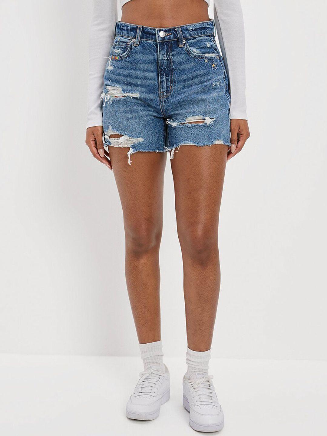 american eagle outfitters women washed slim fit pure cotton denim shorts