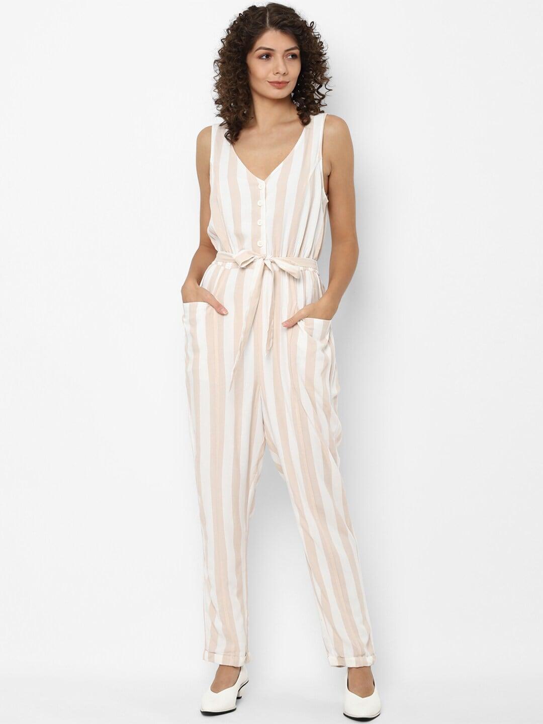 american eagle outfitters women white & cream-coloured striped basic jumpsuit