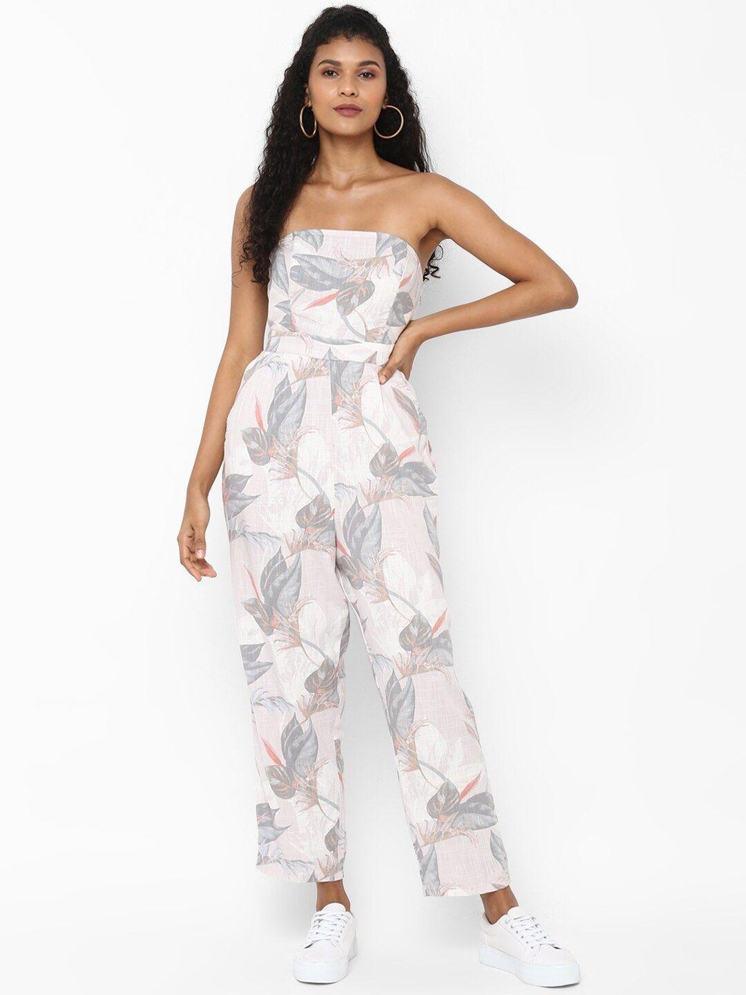 american eagle outfitters women white & grey printed basic jumpsuit