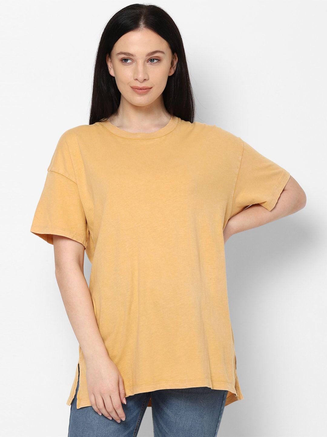 american eagle outfitters women yellow drop-shoulder sleeves raw edge t-shirt