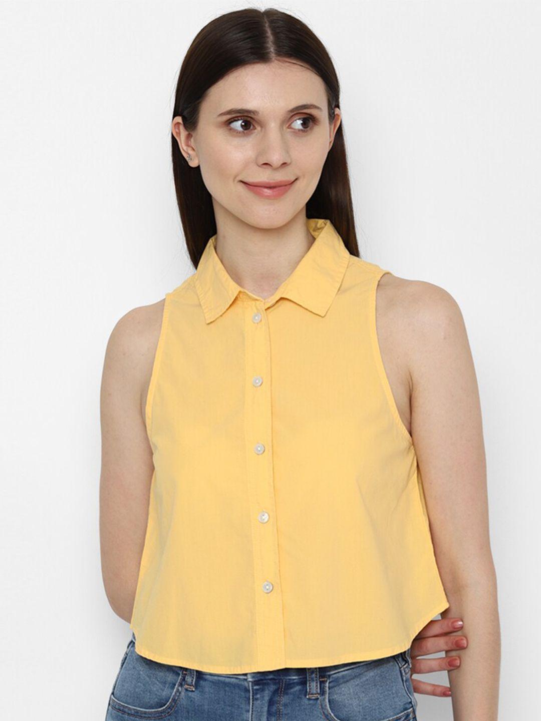 american eagle outfitters women yellow solid cotton casual shirt