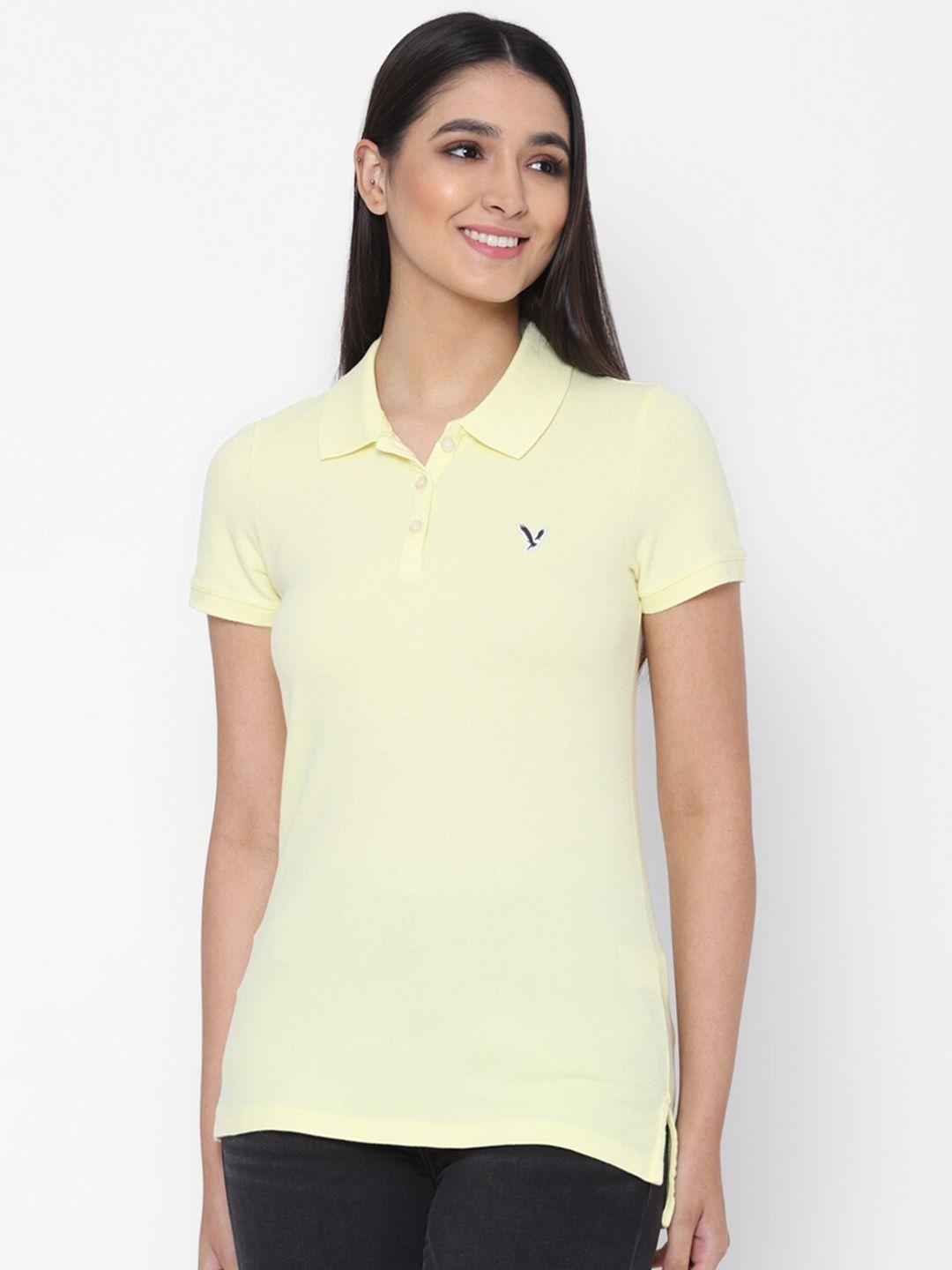 american eagle outfitters women yellow solid polo collar t-shirt