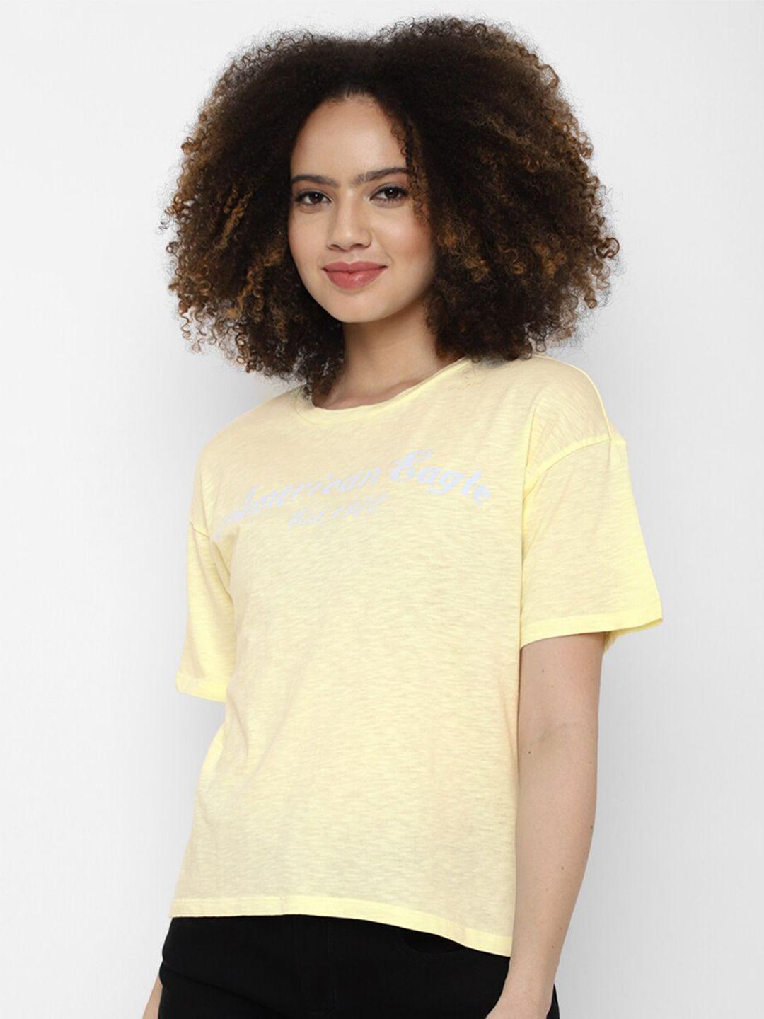 american eagle outfitters women yellow typography pure cotton t-shirt