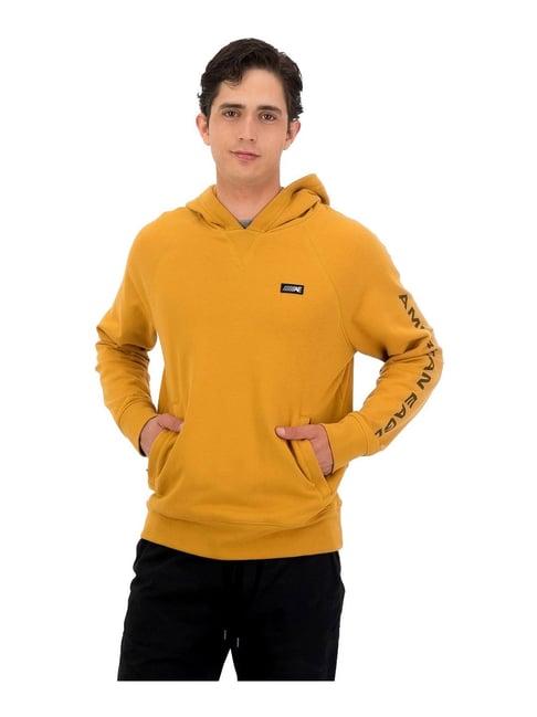 american eagle outfitters yellow regular fit logo printed hooded sweatshirt