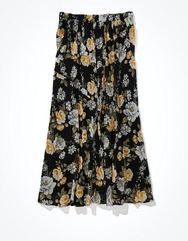 american eagle women black floral chiffon midi skirt