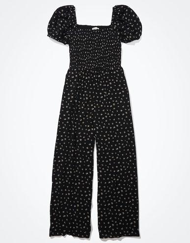 american eagle women black smocked puff-sleeve jumpsuit