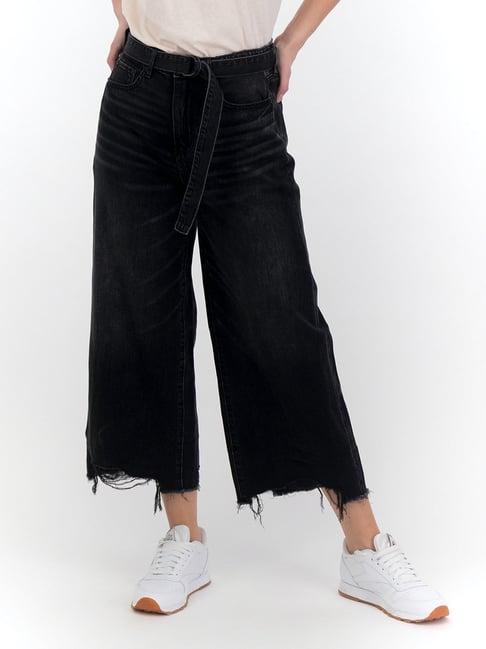 american eagle women black wide leg crop jean