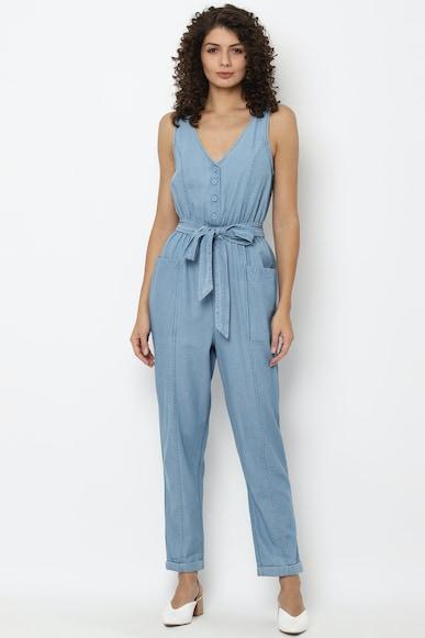 american eagle women blue button-up jumpsuit