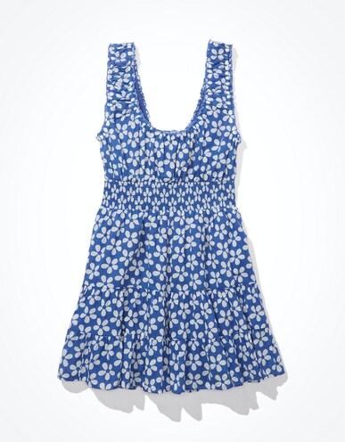 american eagle women blue floral smocked waist tank mini dress