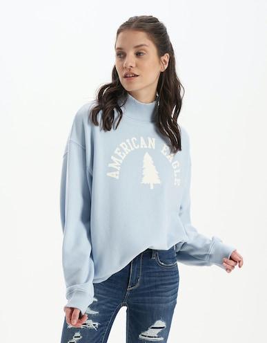 american eagle women blue graphic mock neck sweatshirt