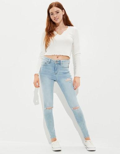 american eagle women blue ne(x)t level soft knit ripped high-waisted jegging