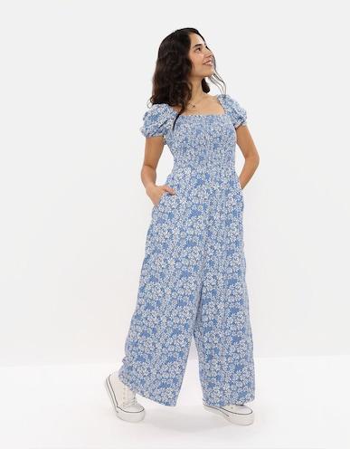 american eagle women blue smocked puff sleeve jumpsuit