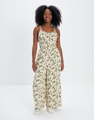 american eagle women cream easy cinched-waist printed jumpsuit