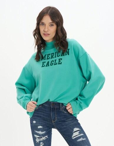 american eagle women green graphic mock neck sweatshirt