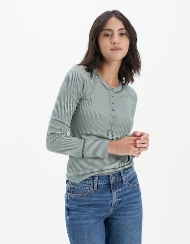 american eagle women green long-sleeve henley t-shirt