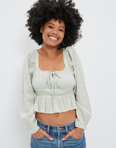 american eagle women green puff-sleeve ruched blouse