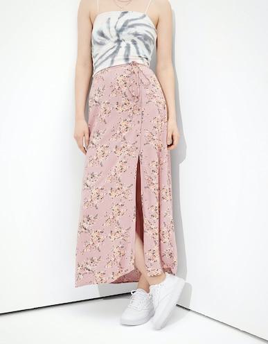 american eagle women pink floral button-up slit midi skirt