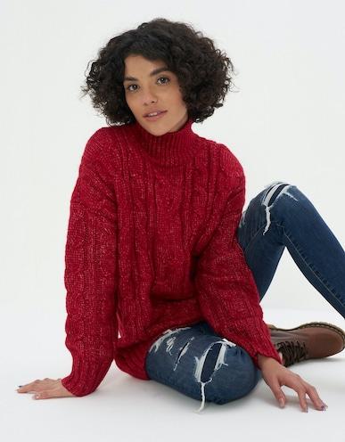 american eagle women red cable knit mock neck sweater