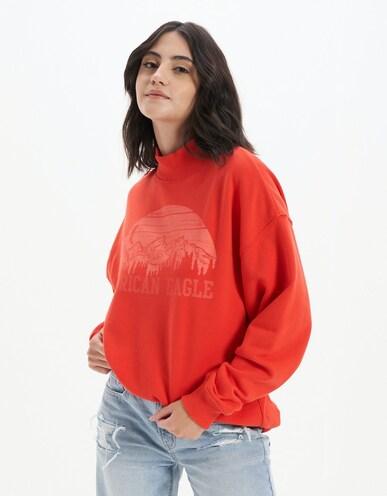 american eagle women red graphic mock neck sweatshirt