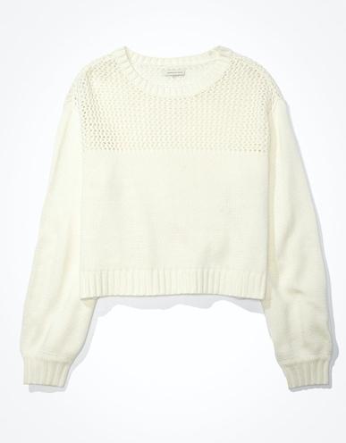 american eagle women white open weave sweater