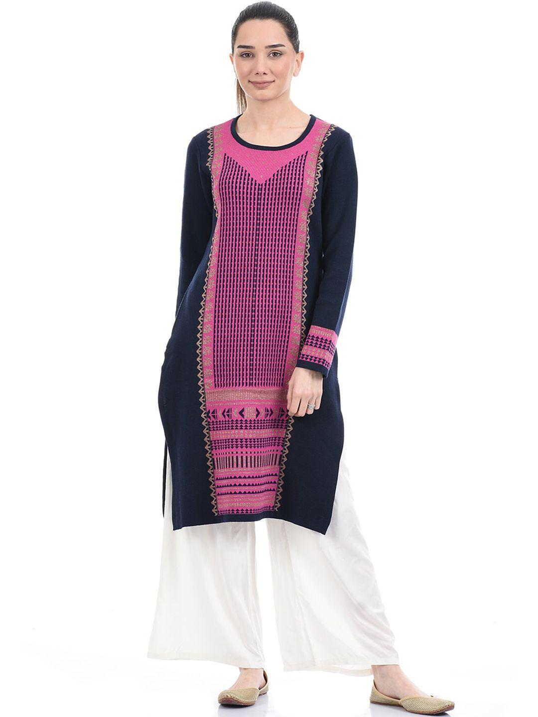american eye women blue & pink geometric woven design winter sweater kurta