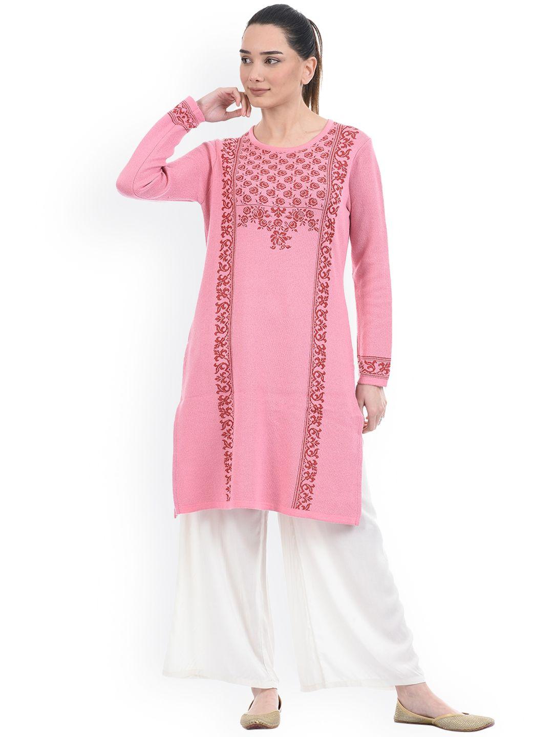 american eye women pink ethnic motifs embroidered sweater kurta
