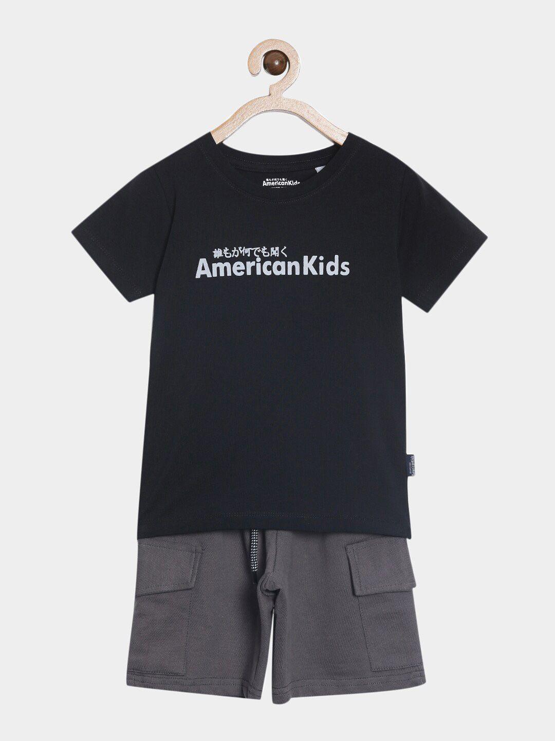 american kids boys black & white printed pure cotton t-shirt with shorts