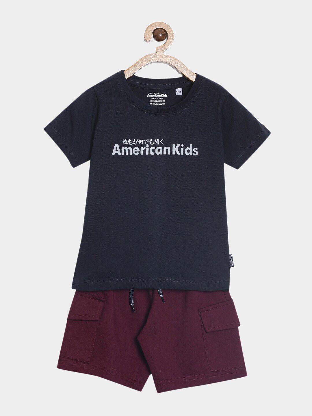 american kids boys navy blue & maroon printed pure cotton t-shirt with shorts