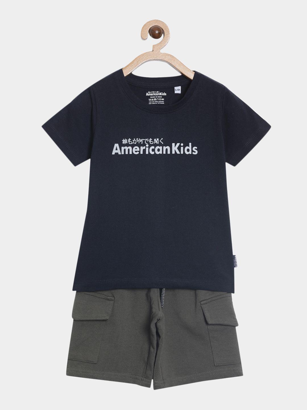 american kids boys navy blue & olive green pure cotton printed t-shirt with shorts