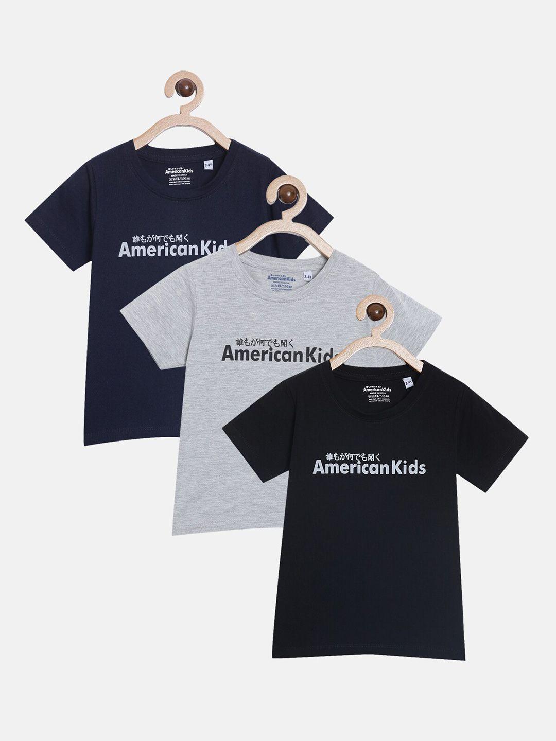 american kids boys navy blue & rich black typography 3 printed applique t-shirt