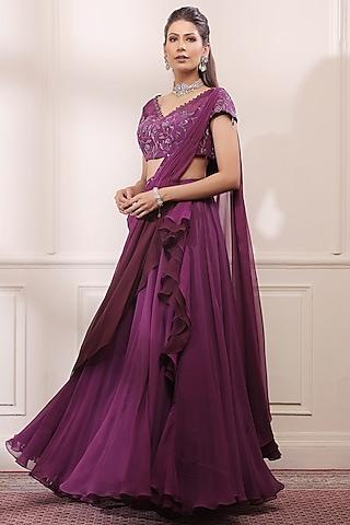 amethyst purple georgette & organza ruffle lehenga saree set