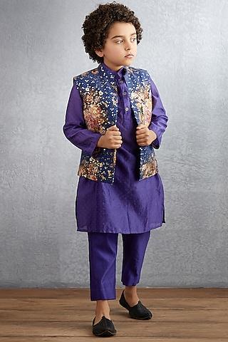 amethyst purple kurta set with floral printed bandi jacket