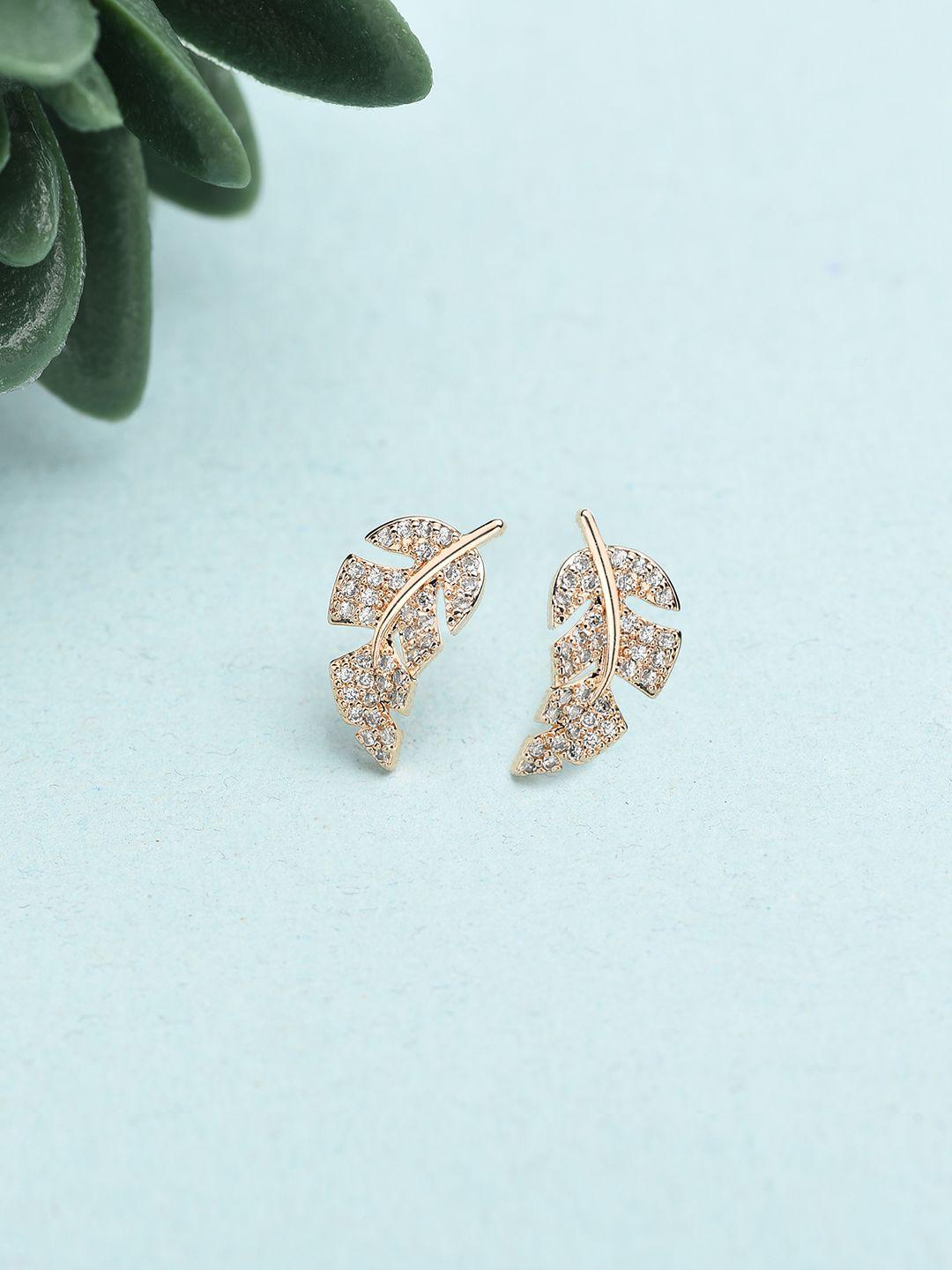 ami rose gold cubic zirconia  leaf shaped studs earrings