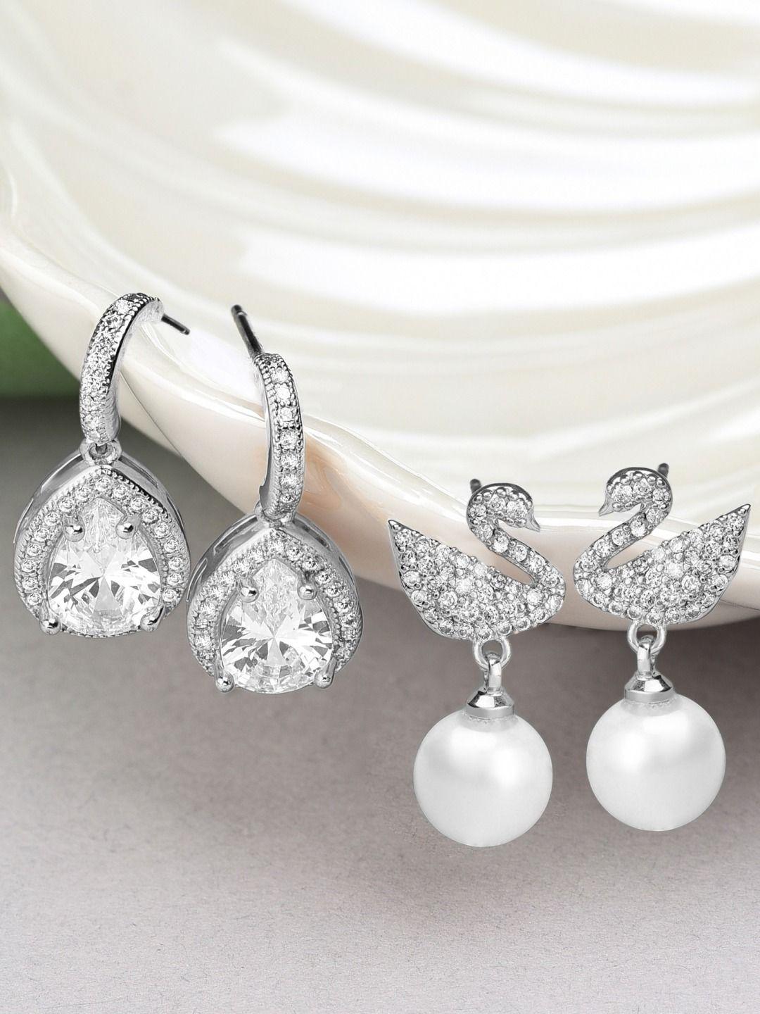 ami set of 2 silver-plated cubic zirconia & pearls drop earrings