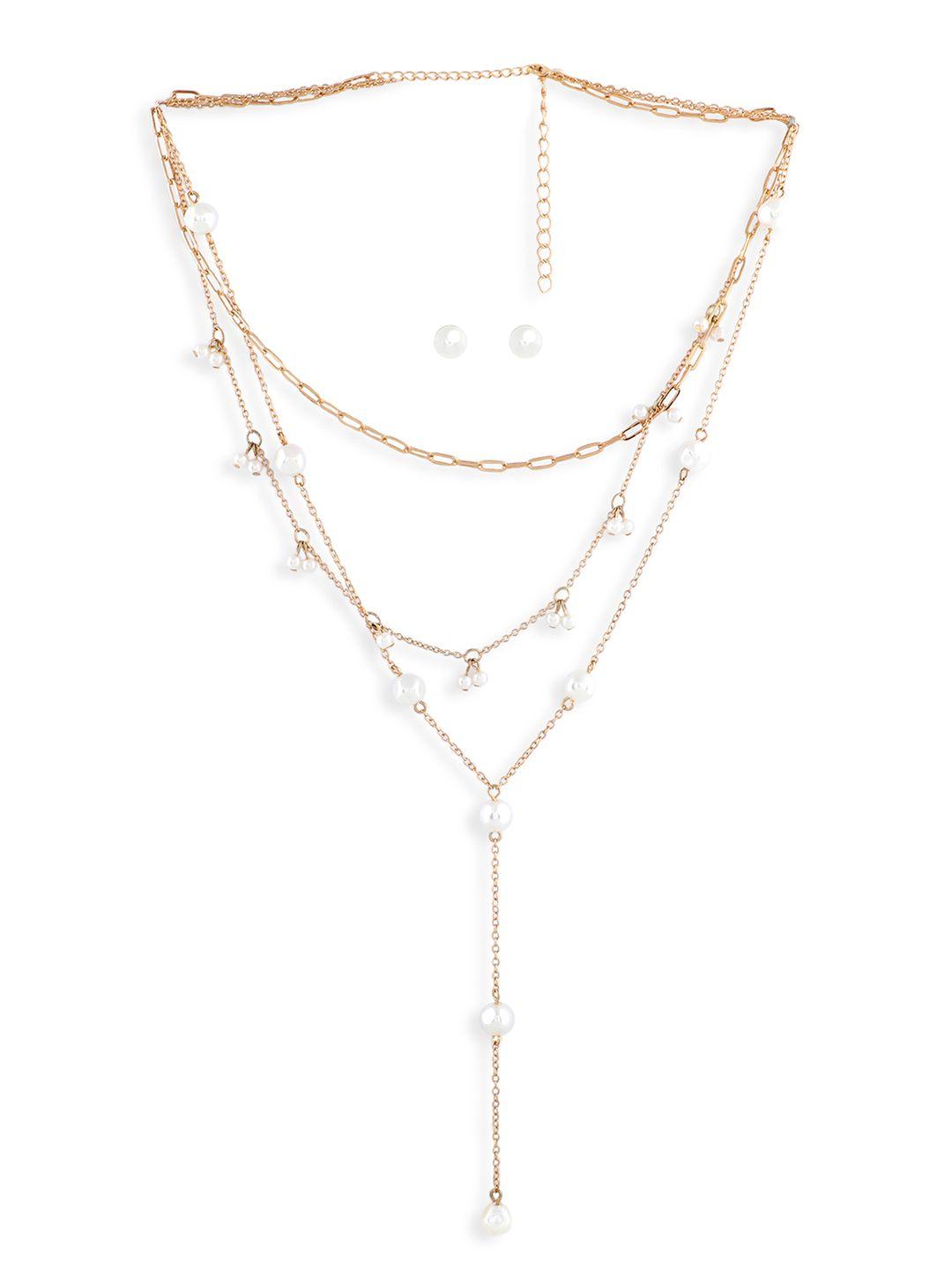 ami gold-plated & white pearl beaded contemporary layered jewellery set