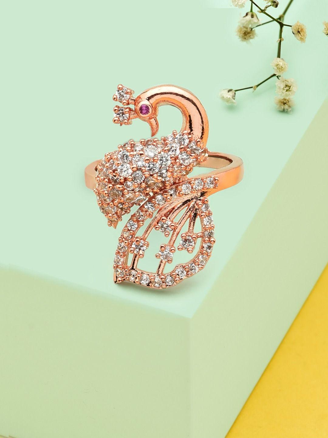 ami rose gold-plated white & purple cz stone-studded peacock shaped finger ring