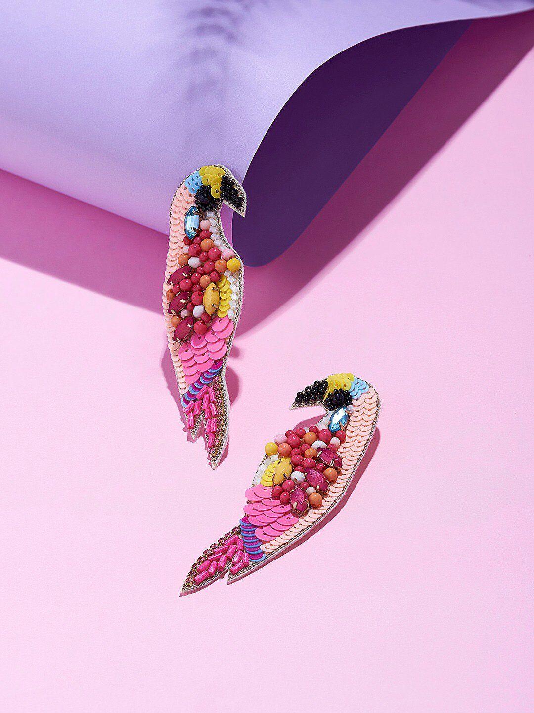 ami sequin & beads embellished contemporary parrot studs earrings