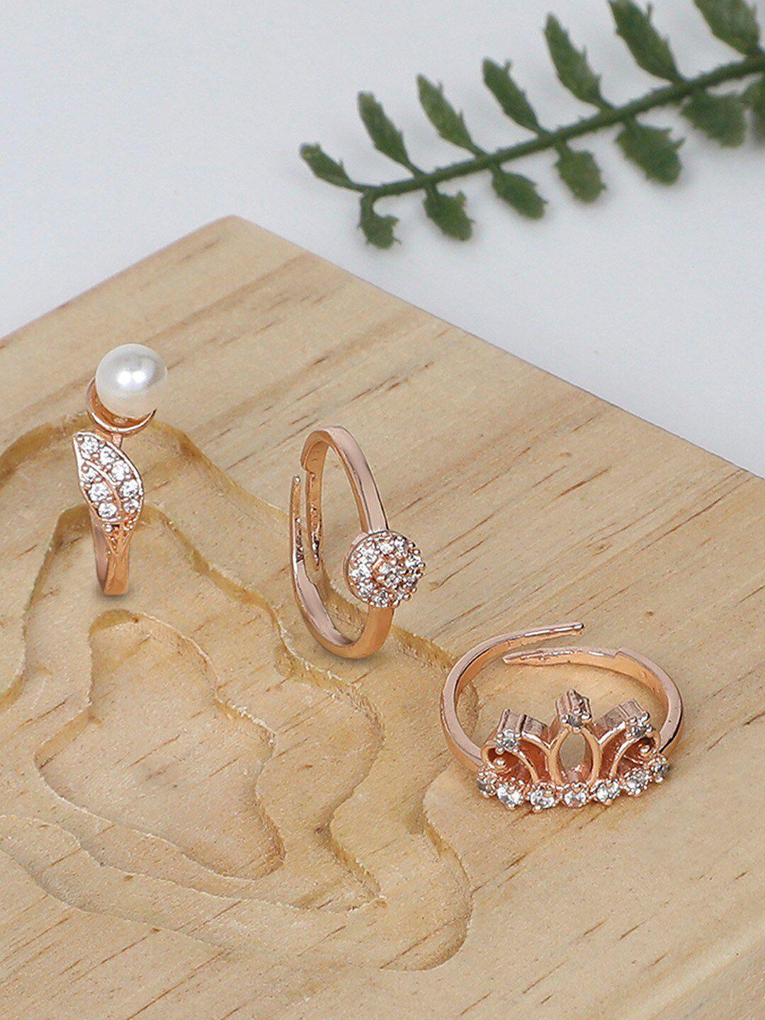 ami women set of 3 rose gold-plated cz-studded & pearl beaded adjustable finger rings