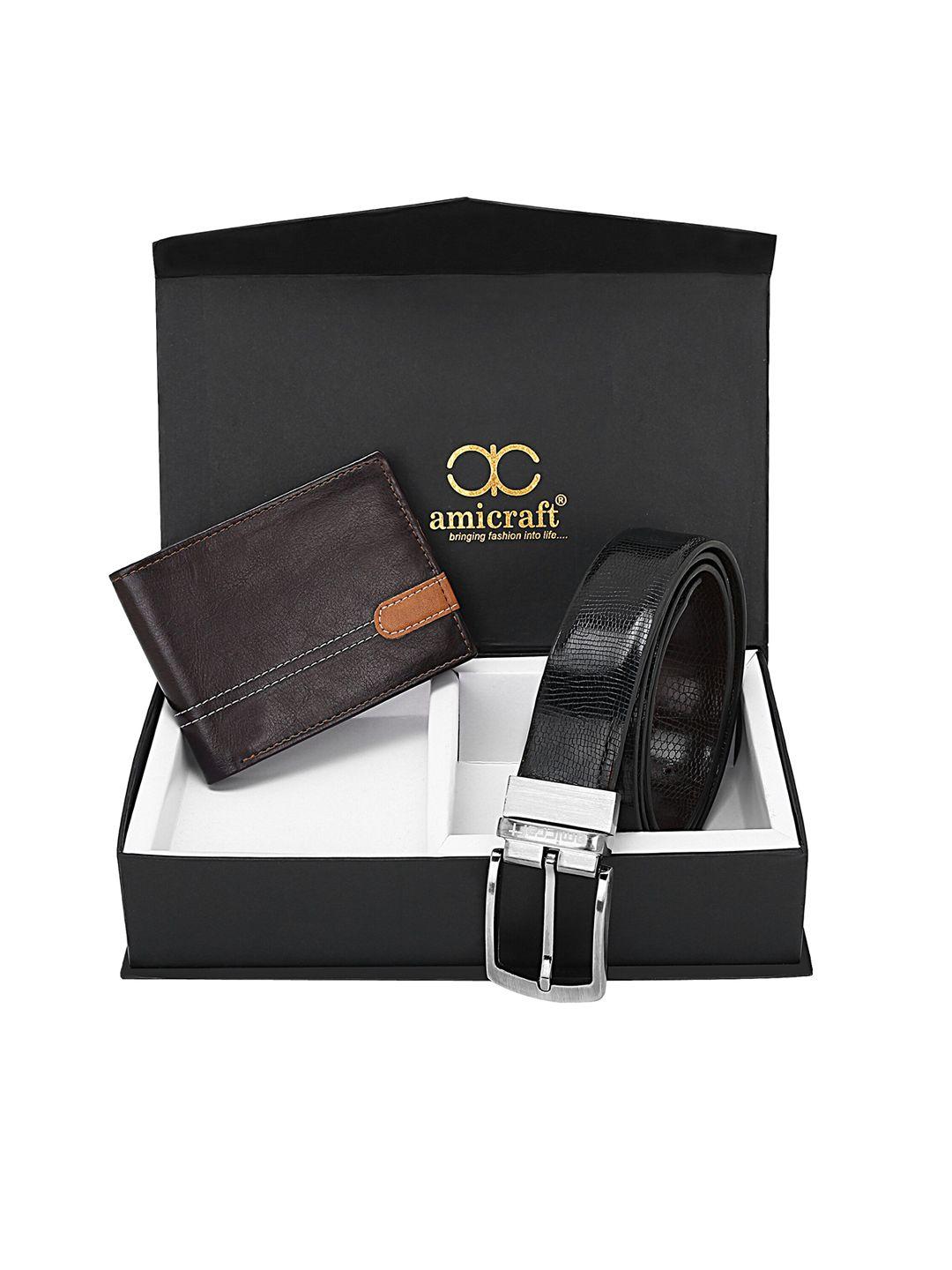 amicraft men black wallet & belt accessory gift set