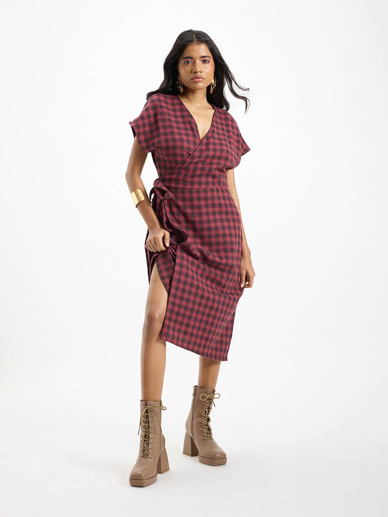 amira checked cotton wrap dress with pockets