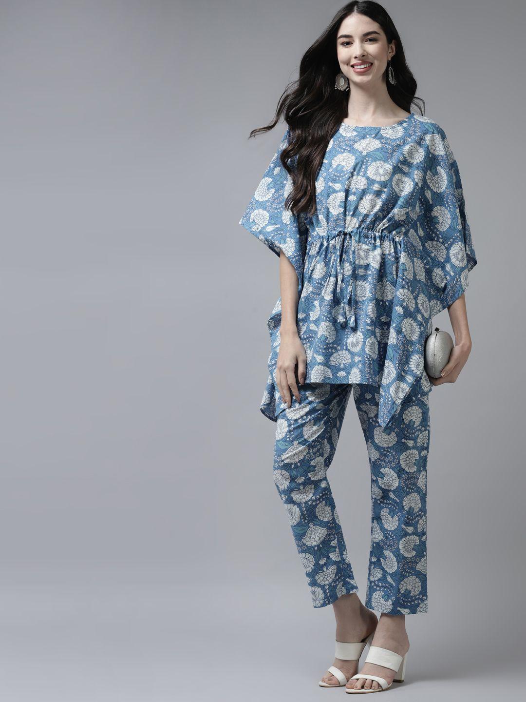 amirah s women blue printed regular pure cotton top with trousers