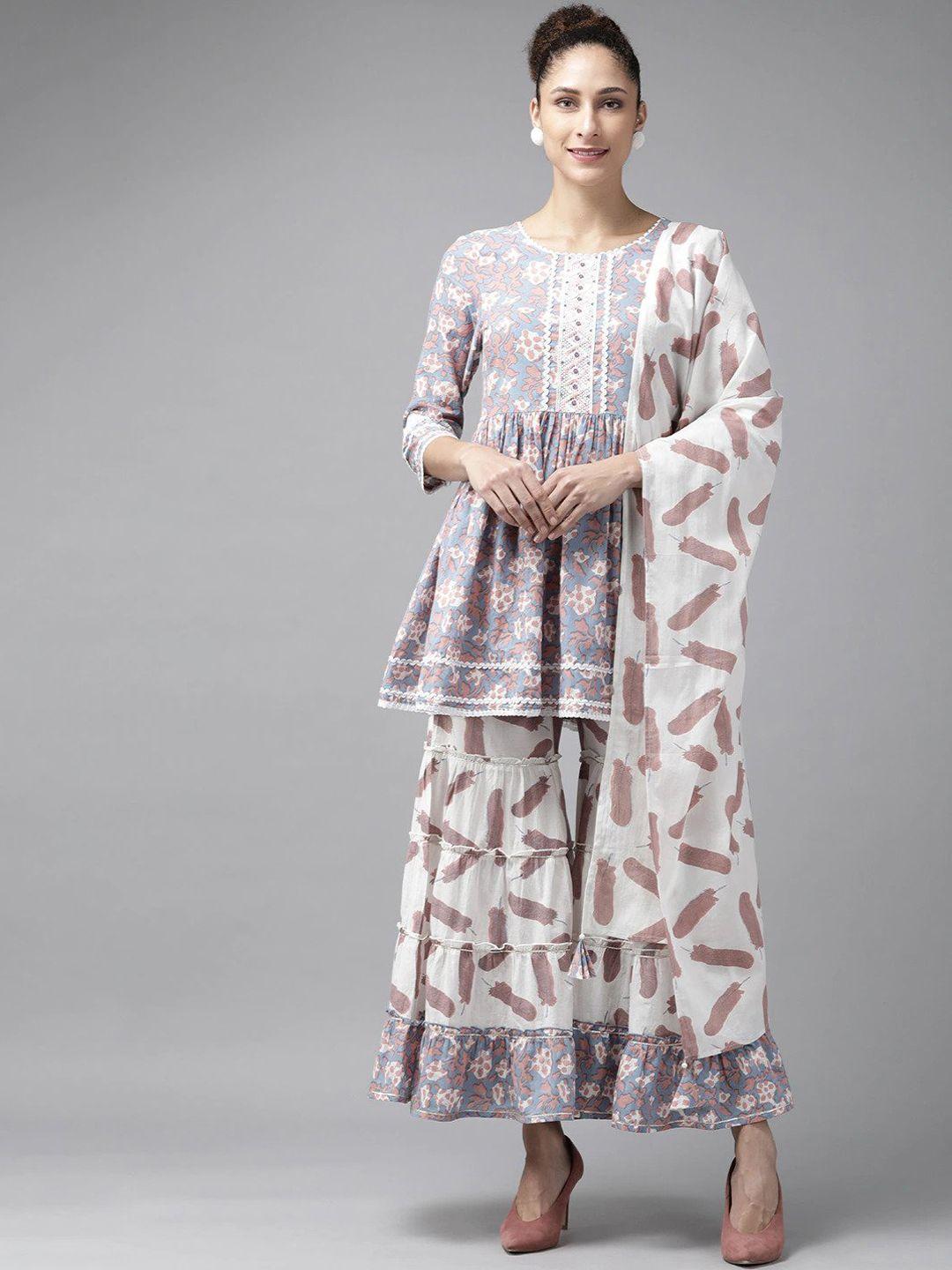 amirah s women grey ethnic motifs printed empire thread work pure cotton kurti with skirt