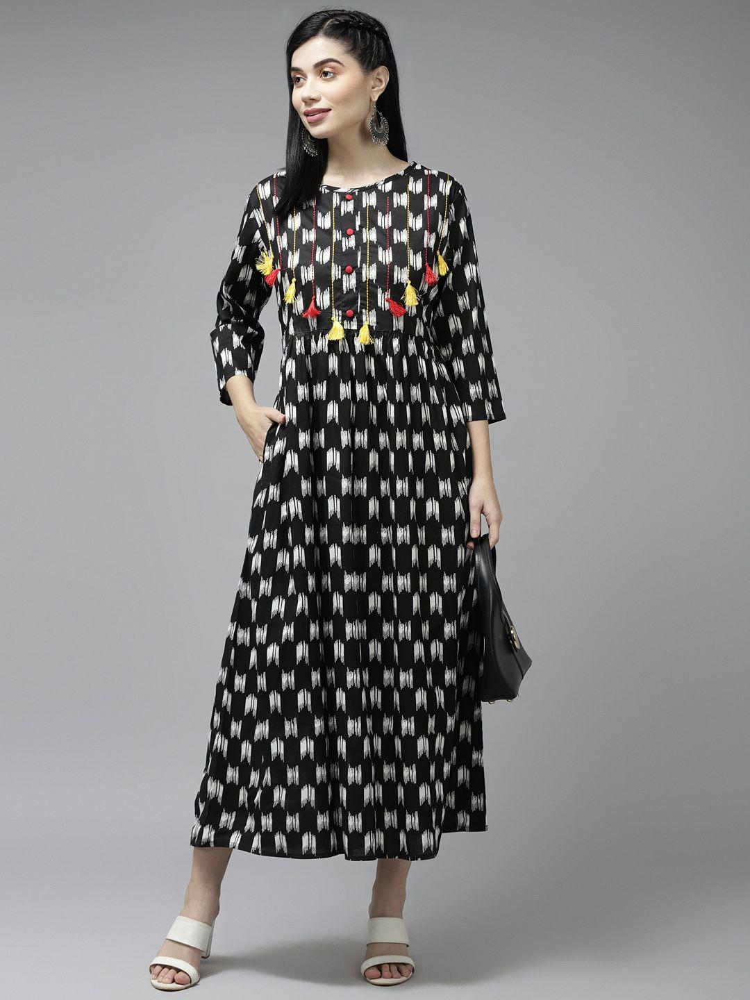amirah s  women black & off white printed a-line ethnic midi dress