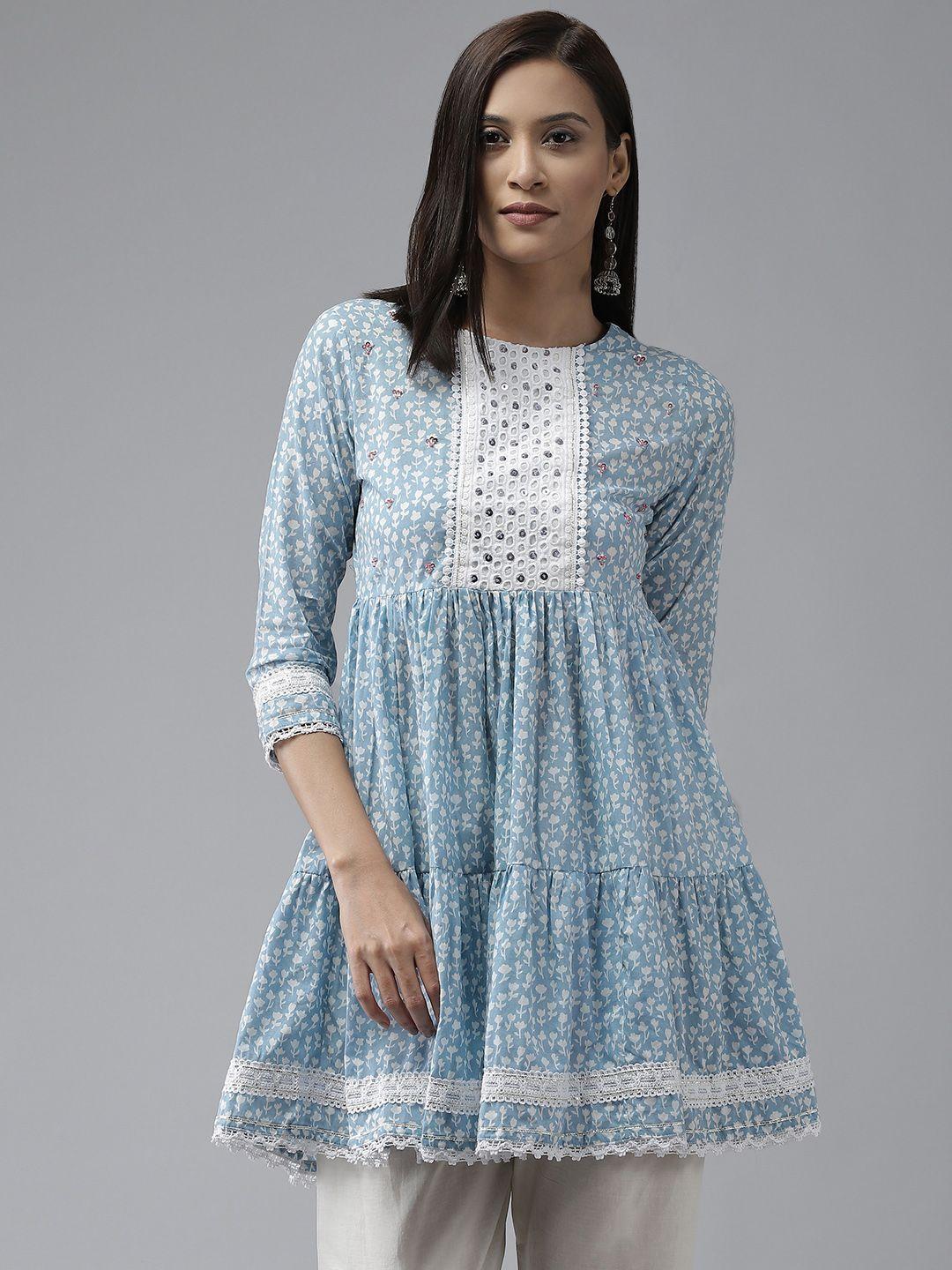 amirah s blue & white ethnic motifs printed lace inserts pleated pure cotton tunic